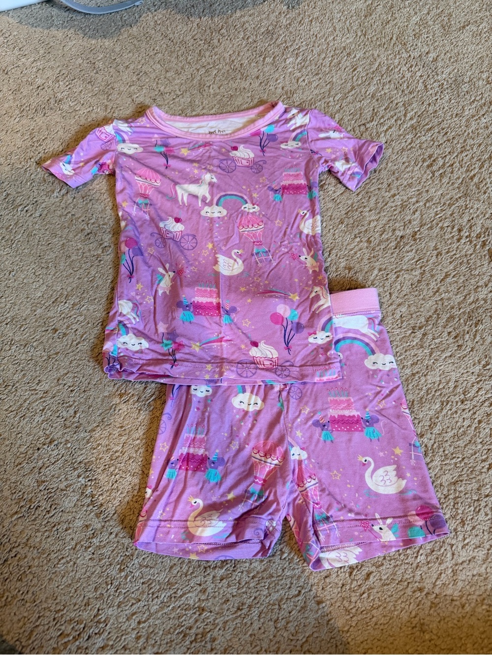 Little Sleepies Girls' Pink Unicorn & Swan Birthday Pajama Set Size 3T